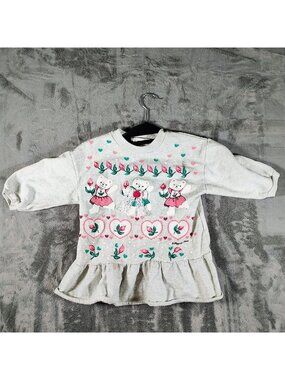 Vintage 1990s Designed '4' U Girls Gray Dress With Bear & Floral Design (Size 8)
